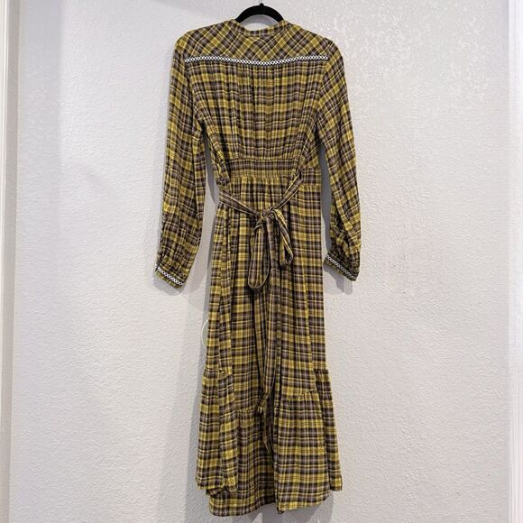Anthropologie Dalton Wrap Maxi Dress Plaid Mustard Yellow Academia Fall Medium - Picture 3 of 16
